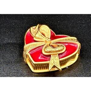 Bob Mackie Red Enamel Heart Trinket Box Gold Bow Hinged Pill Ring Valentine